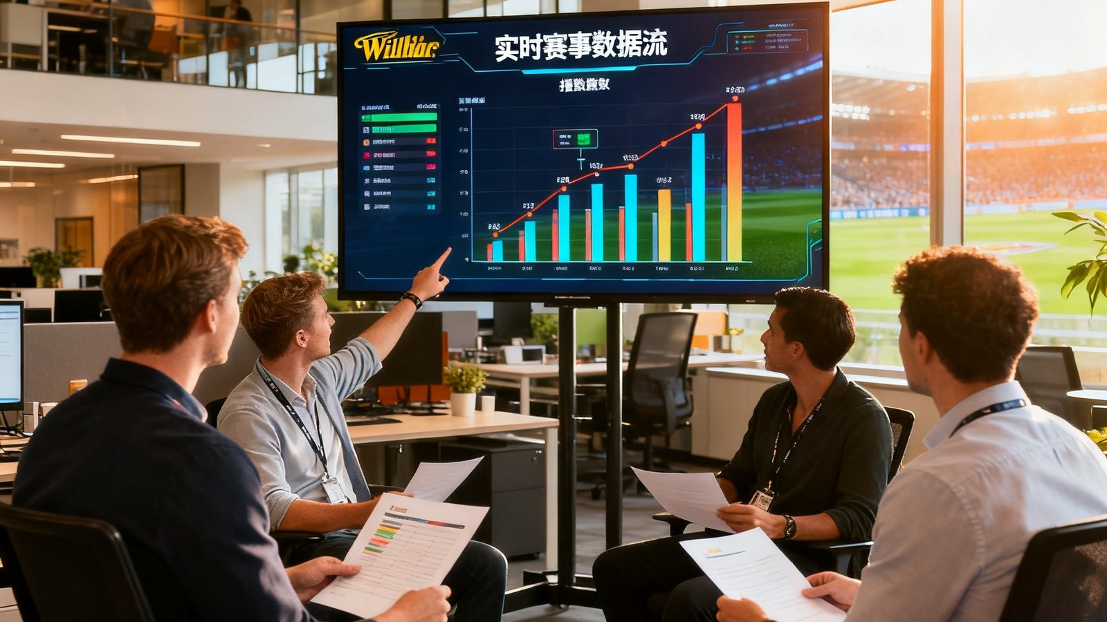 威廉希尔核心团队在现代化的数据分析中心工作，大屏幕显示实时赛事数据流，团队成员正在讨论赛事指数模型，办公室采用开放式设计充满活力