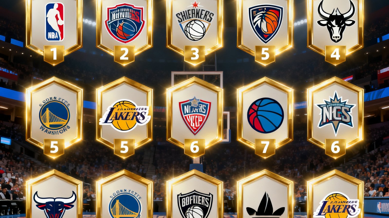 NBA新赛季战力排行榜前十球队图标排列，背景为篮球场灯光效果，各队标志以金色边框突出显示排名